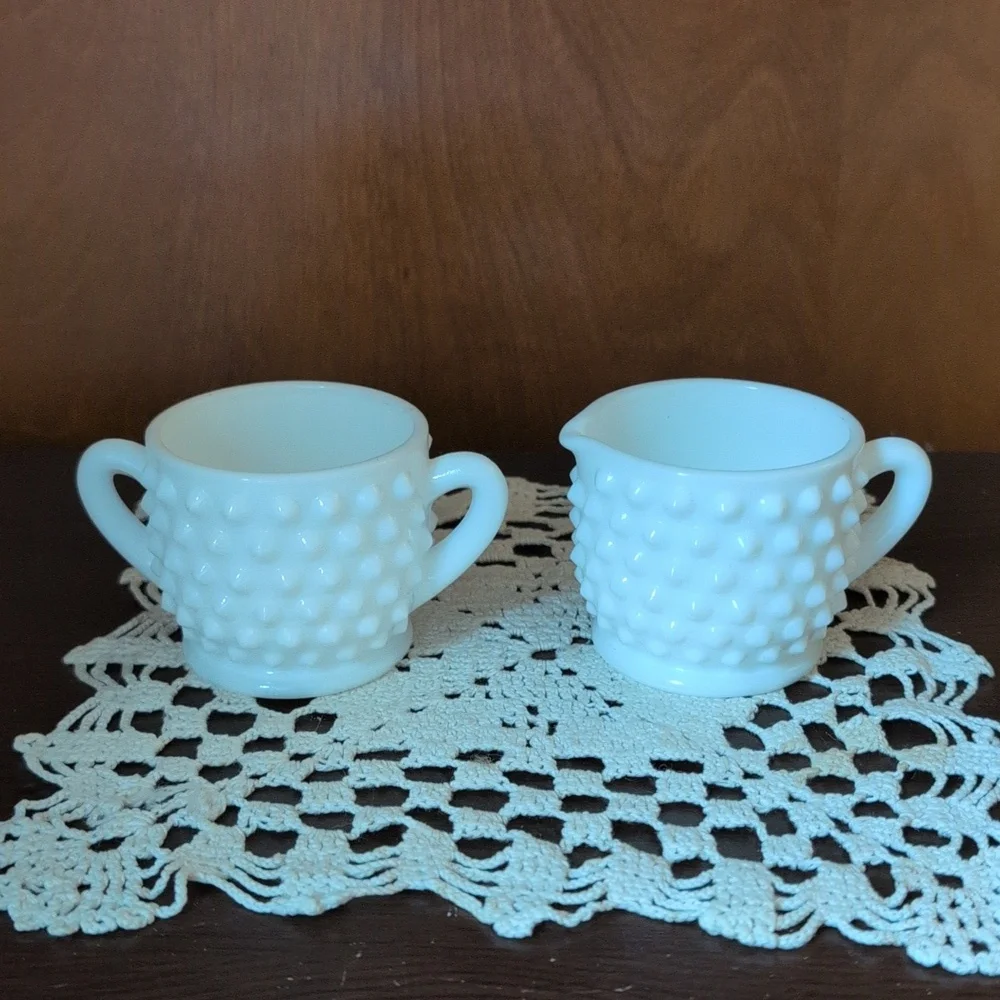 Fenton Hobnail White Milk Glass Cream and Sugar Set, Small Size